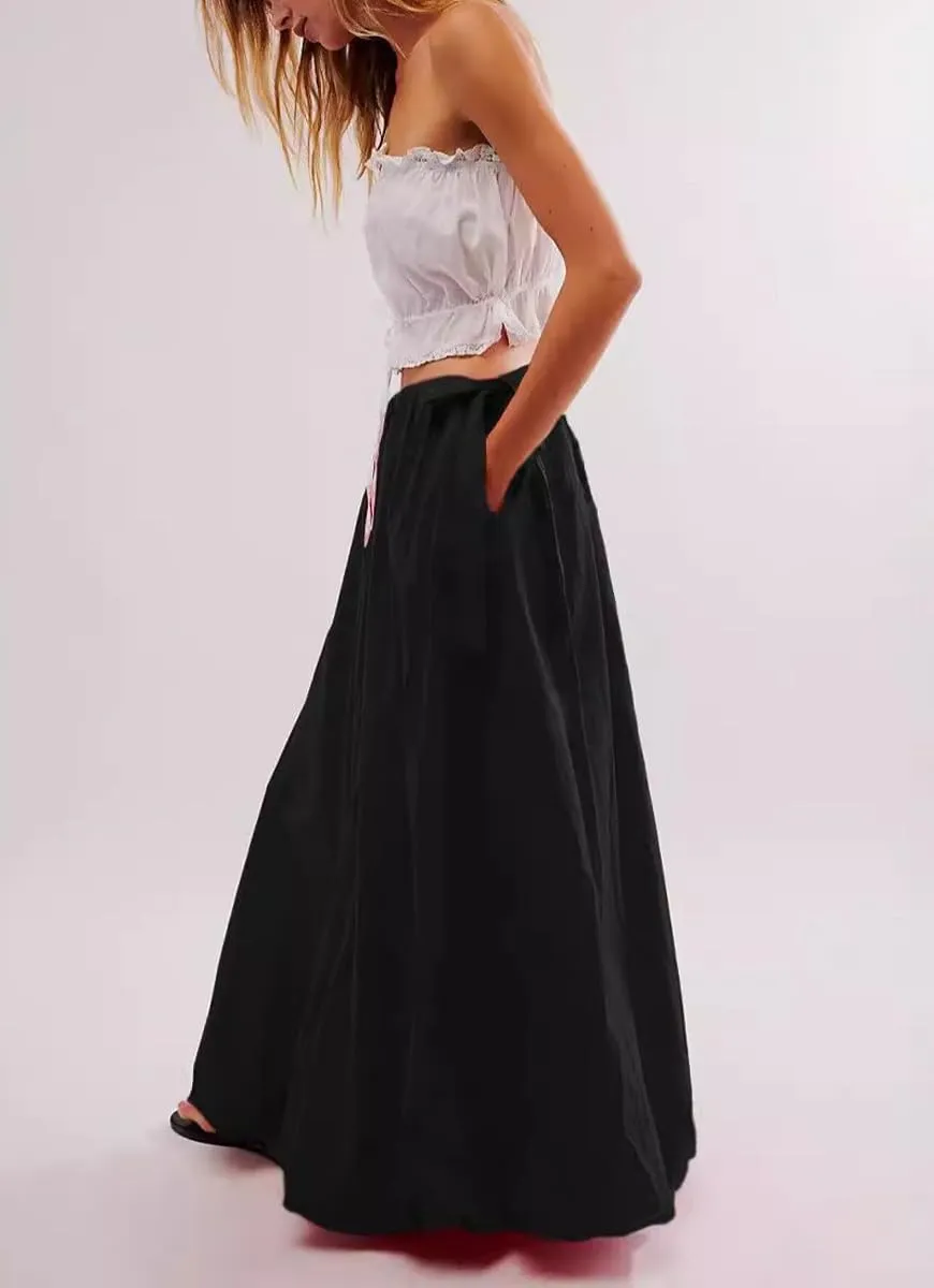 chouyatou Women's Bow Knot Maxi Bubble Skirt Y2K A-Line Long Balloon Skirt with Pockets