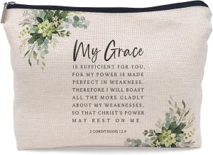 Christian Gifts for Women Faith, Christian Inspirational Makeup Bag Cosmetic Bags for Women, Religious Bible Verse Small Makeup Cosmetic Bag for Purse, 2 Corinthians 12:9