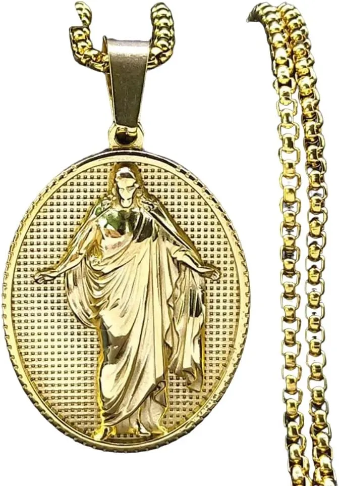 Christian Jesus Christ Medal Pendant Necklace For Men Women Stainless Steel Gold Color Chain Necklaces Jewelry Collar PTPNU0009