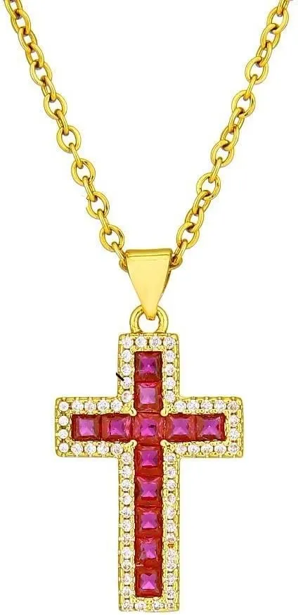 Christian Jesus Cross Pendant Necklace Gold Color Stainless Steel Chain Women Cubic Zirconia Religion Jewelry DANS01645