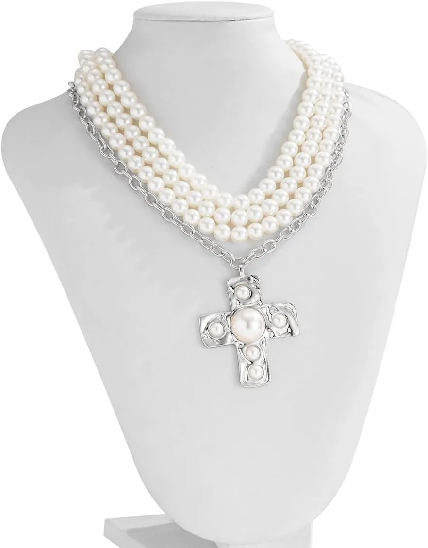 Chunky Cross Necklace for Women Hammered Bold Cross Pearl Layered Necklace Baroque Pearl Costume Jewelry