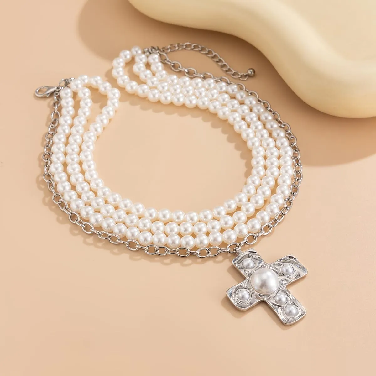 Chunky Cross Necklace for Women Hammered Bold Cross Pearl Layered Necklace Baroque Pearl Costume Jewelry