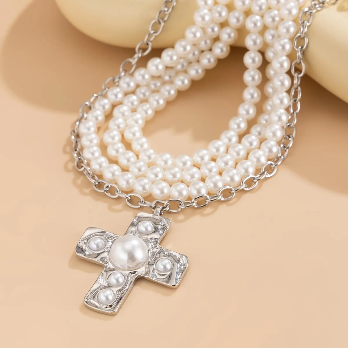 Chunky Cross Necklace for Women Hammered Bold Cross Pearl Layered Necklace Baroque Pearl Costume Jewelry