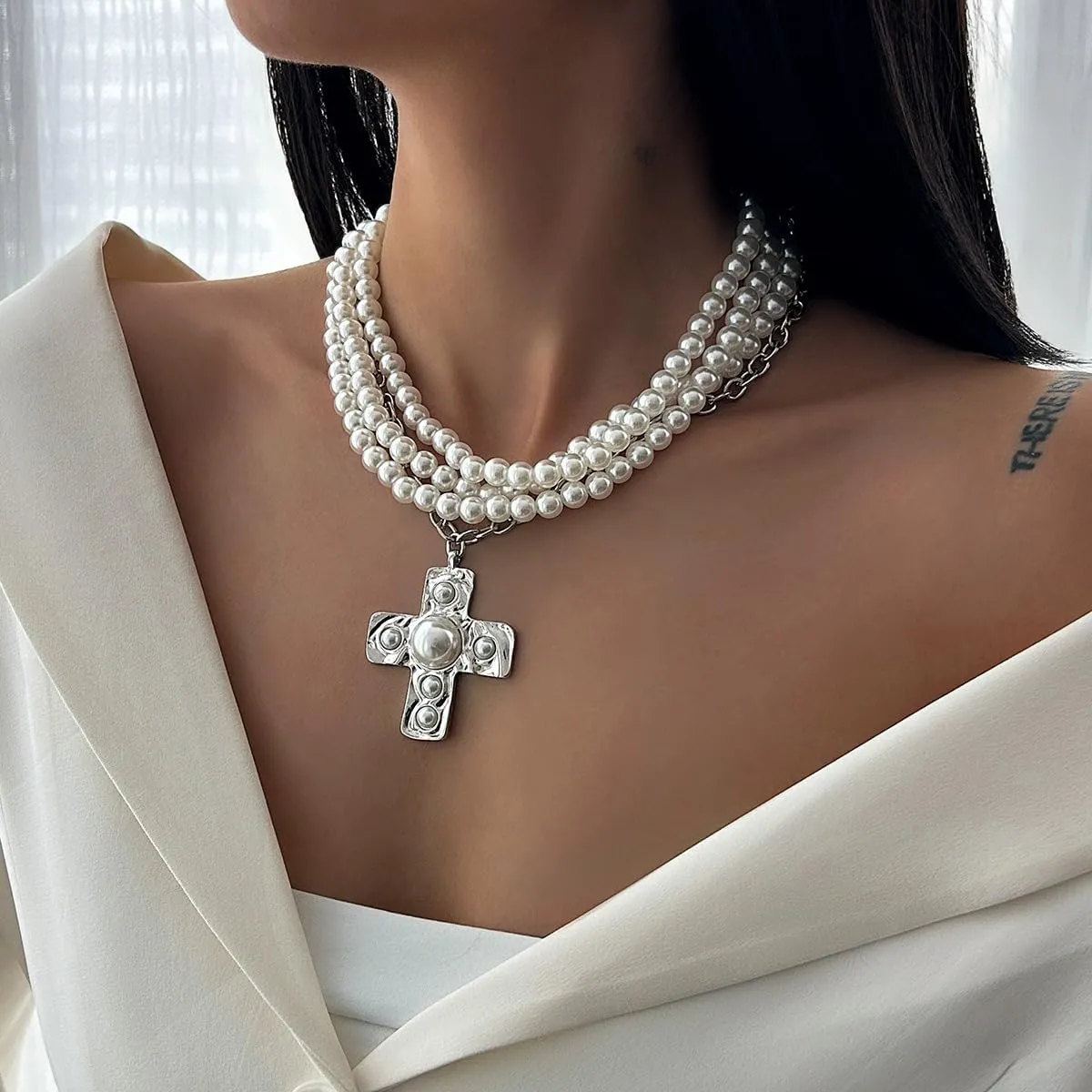Chunky Cross Necklace for Women Hammered Bold Cross Pearl Layered Necklace Baroque Pearl Costume Jewelry