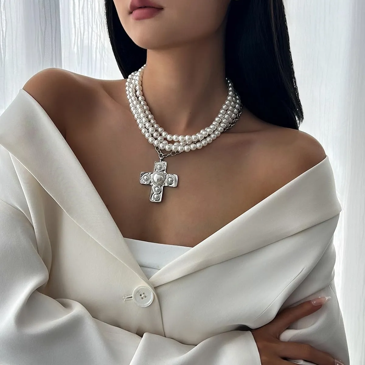 Chunky Cross Necklace for Women Hammered Bold Cross Pearl Layered Necklace Baroque Pearl Costume Jewelry