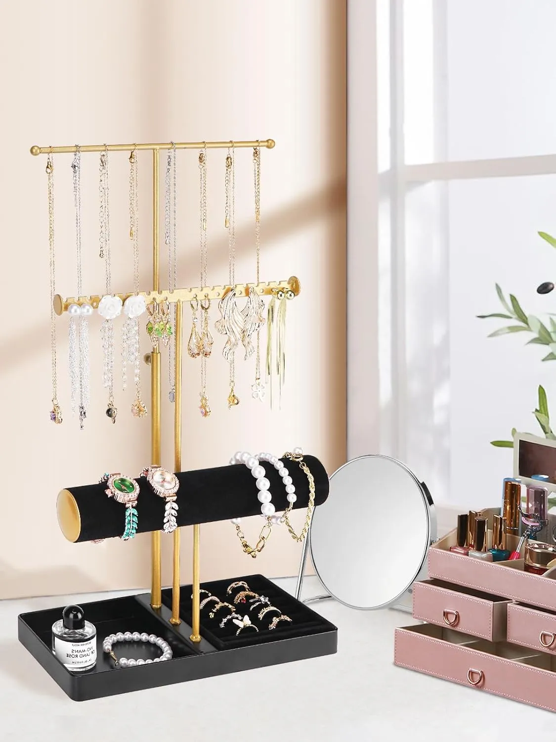 Cirhy Jewelry Organizer Stand, 3 Tier Necklace Holder for Women, Adjustable Jewelry Tree with Velvet Bracelet & Ring Tray, Elegant Jewelry Display for Necklaces, Bracelets, and EarringsBlack