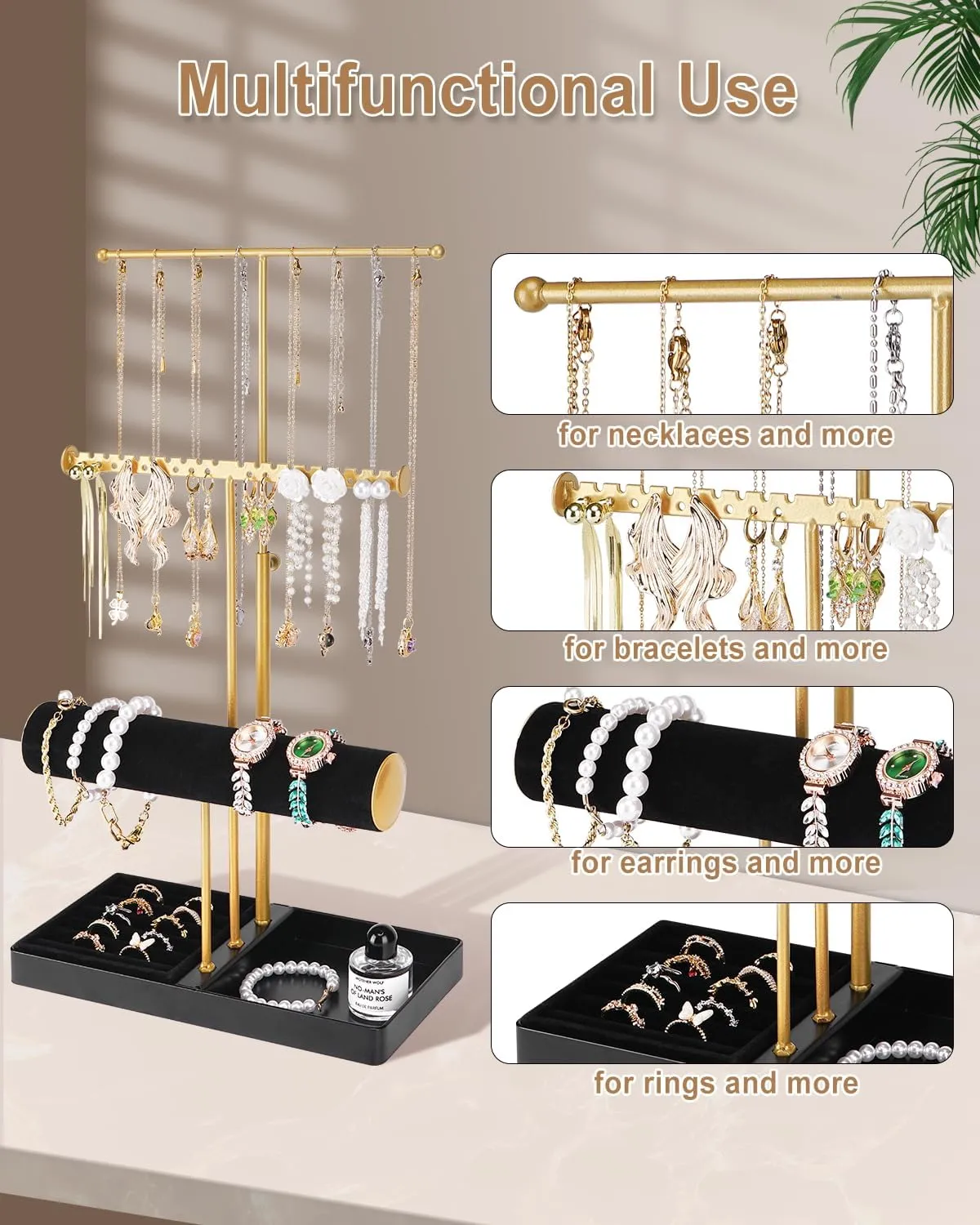 Cirhy Jewelry Organizer Stand, 3 Tier Necklace Holder for Women, Adjustable Jewelry Tree with Velvet Bracelet & Ring Tray, Elegant Jewelry Display for Necklaces, Bracelets, and EarringsBlack