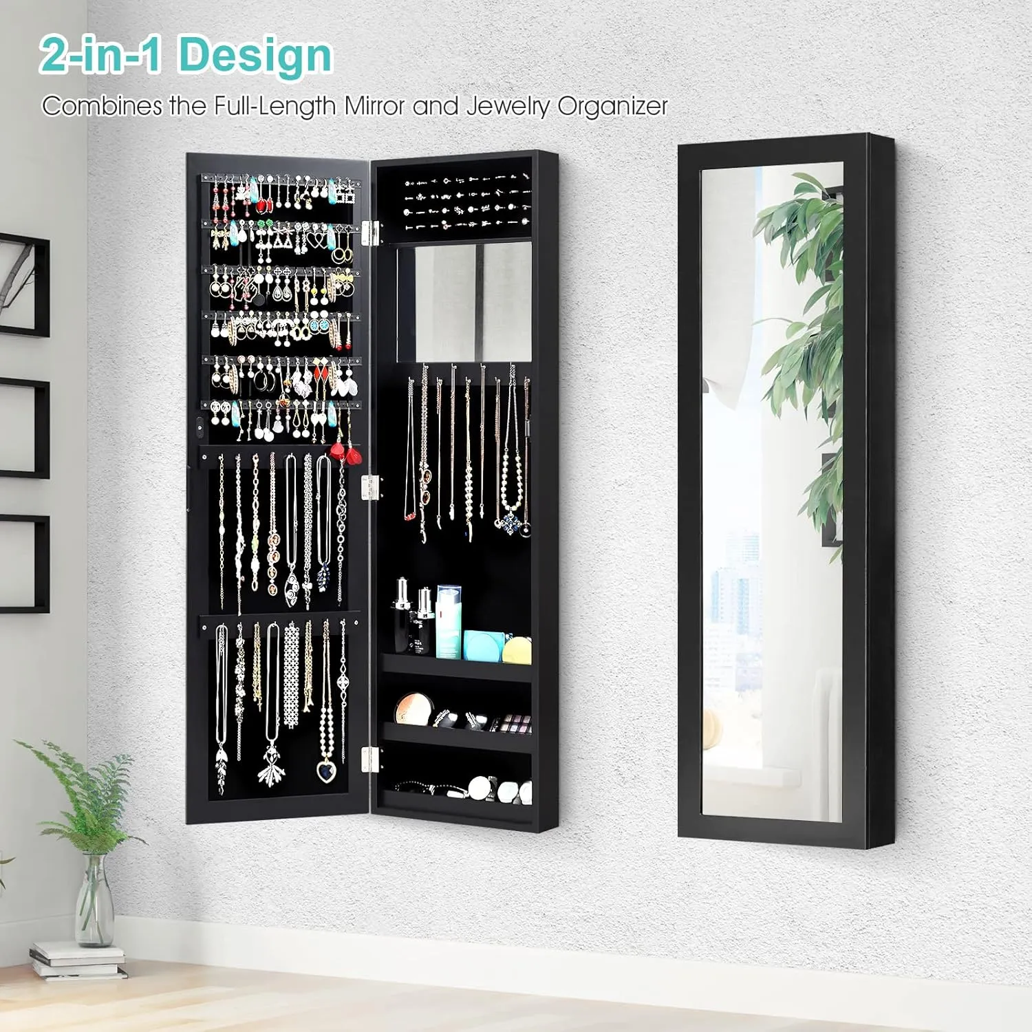COSTWAY Full Length Mirror Jewelry Cabinet, Wall Door Mounted Jewelry Organizer with Makeup Mirror, Ring Slots & Necklace Hooks, Large Storage Jewelry Armoire for Bedroom, Dressing Room (Black)