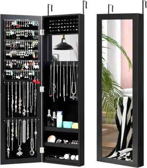 COSTWAY Full Length Mirror Jewelry Cabinet, Wall Door Mounted Jewelry Organizer with Makeup Mirror, Ring Slots & Necklace Hooks, Large Storage Jewelry Armoire for Bedroom, Dressing Room (Black)
