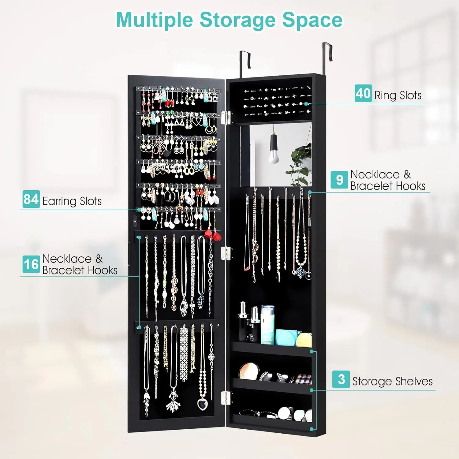 COSTWAY Full Length Mirror Jewelry Cabinet, Wall Door Mounted Jewelry Organizer with Makeup Mirror, Ring Slots & Necklace Hooks, Large Storage Jewelry Armoire for Bedroom, Dressing Room (Black)