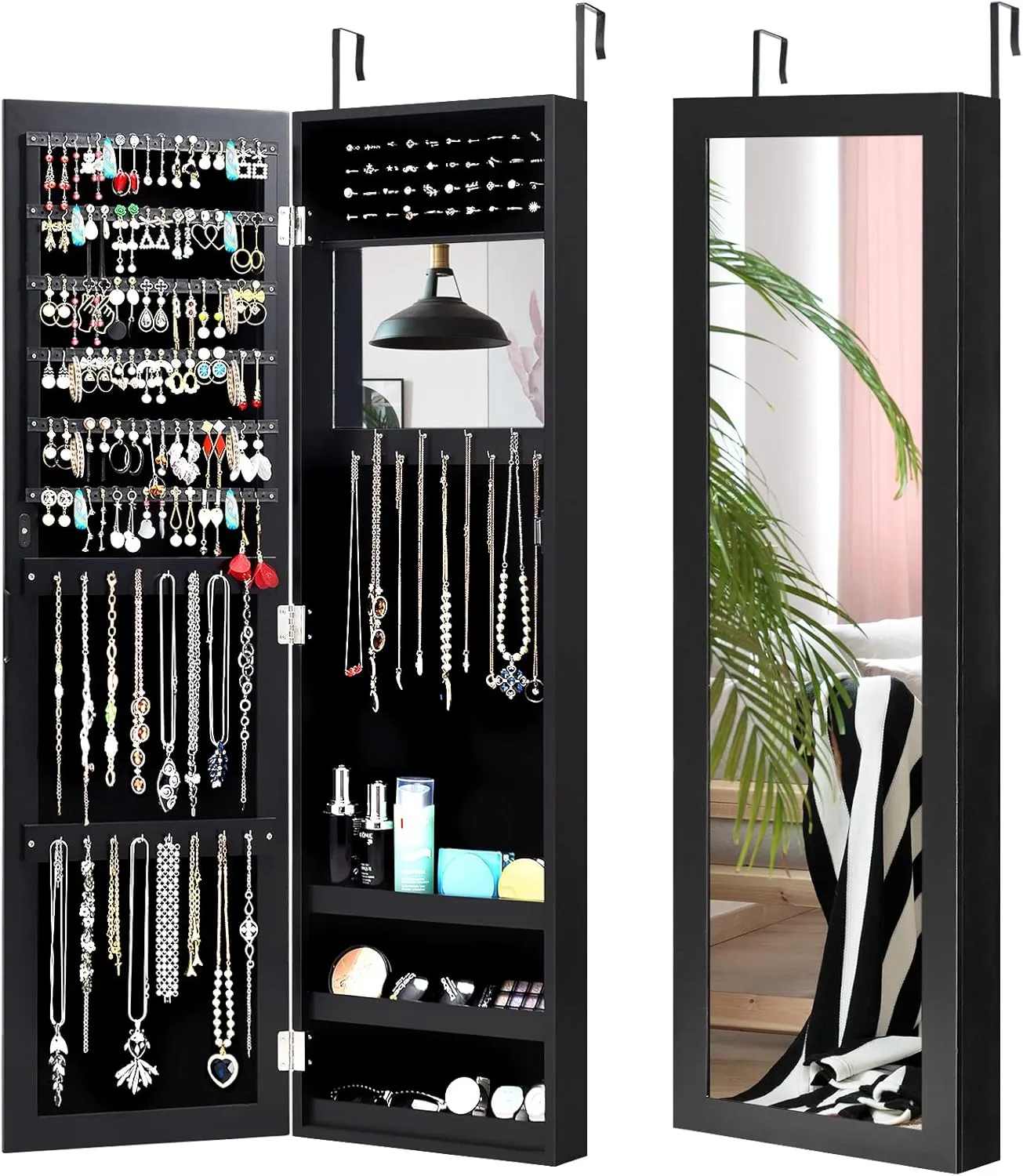 COSTWAY Full Length Mirror Jewelry Cabinet, Wall Door Mounted Jewelry Organizer with Makeup Mirror, Ring Slots & Necklace Hooks, Large Storage Jewelry Armoire for Bedroom, Dressing Room (Black)