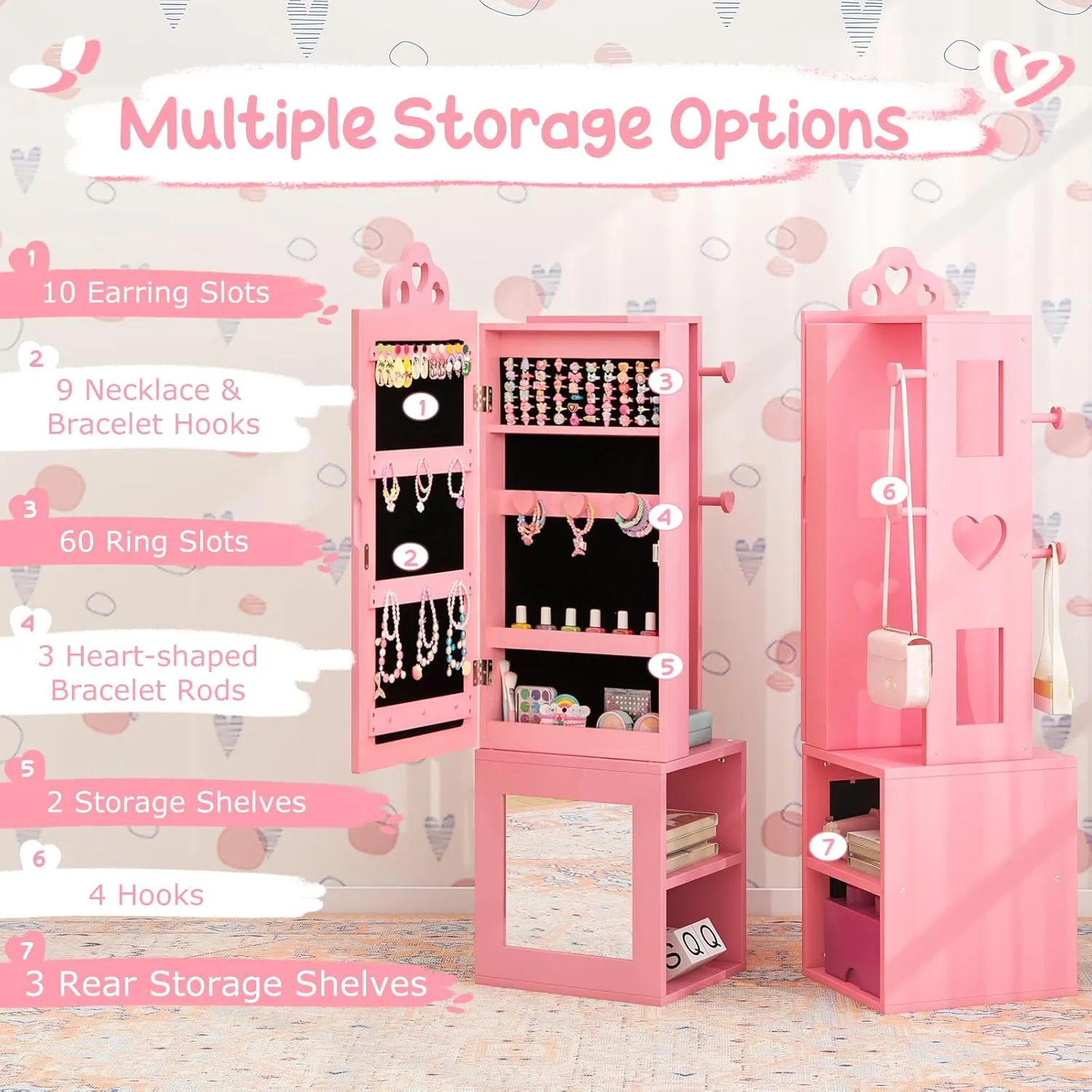 Costzon Kids Jewelry Armoire Cabinet, 46" Standing Jewelry Organizer with Full-Length Mirror, Rear Storage Shelves, Garment Rack, Kids Vanity Dress Up Mirror Jewelry Cabinet for Girls (Pink)