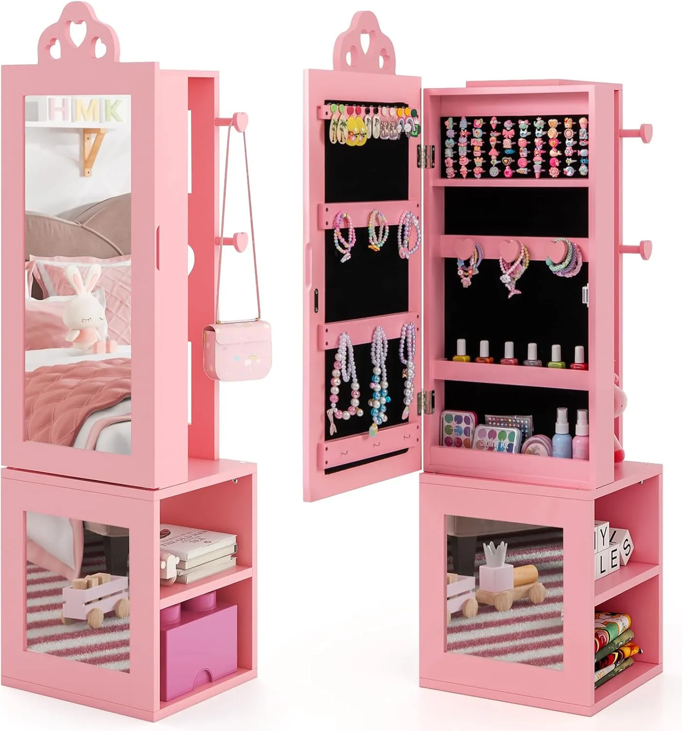 Costzon Kids Jewelry Armoire Cabinet, 46" Standing Jewelry Organizer with Full-Length Mirror, Rear Storage Shelves, Garment Rack, Kids Vanity Dress Up Mirror Jewelry Cabinet for Girls (Pink)