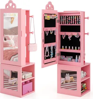 Costzon Kids Jewelry Armoire Cabinet, 46" Standing Jewelry Organizer with Full-Length Mirror, Rear Storage Shelves, Garment Rack, Kids Vanity Dress Up Mirror Jewelry Cabinet for Girls (Pink)