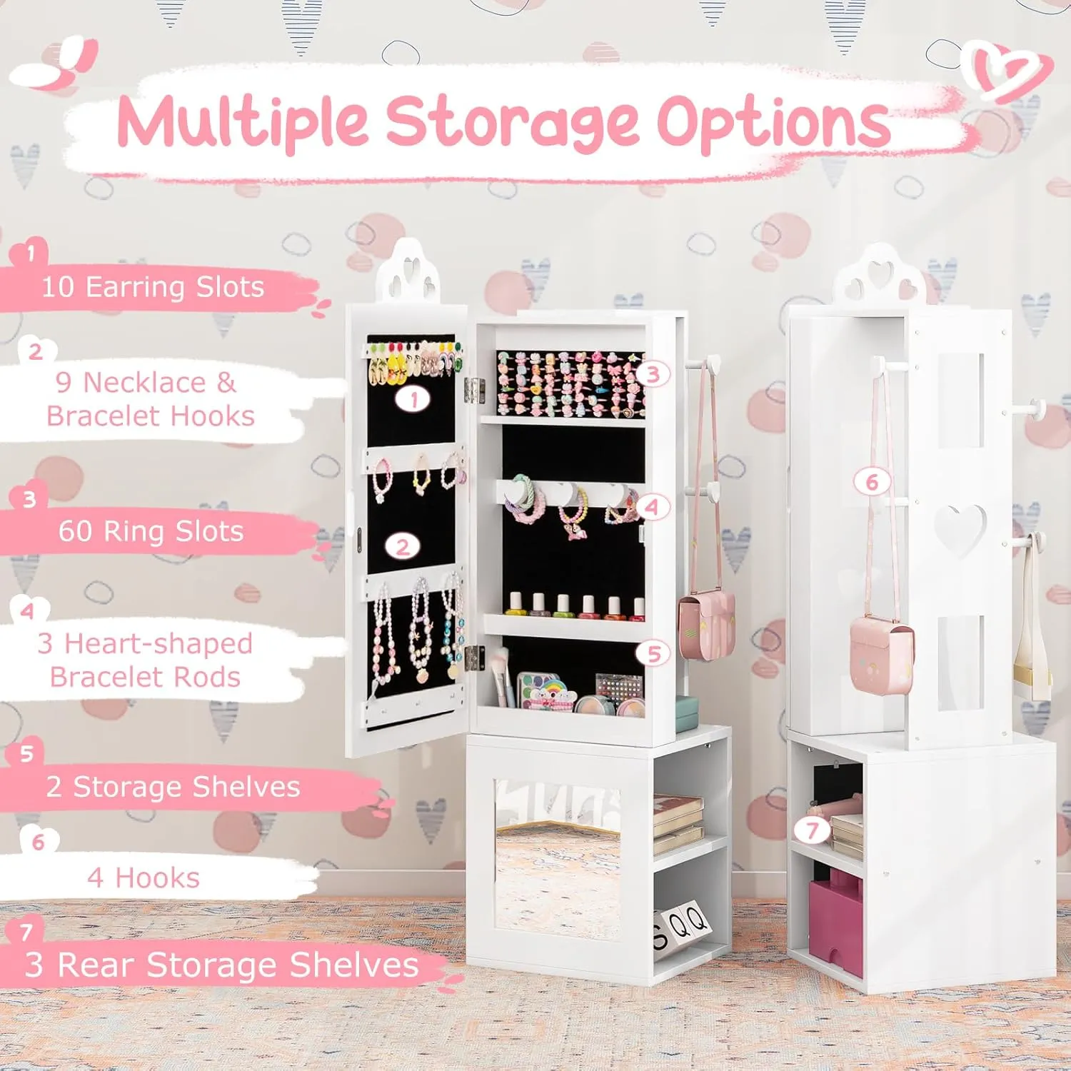 Costzon Kids Jewelry Armoire Cabinet, 46" Standing Jewelry Organizer with Full-Length Mirror, Rear Storage Shelves, Garment Rack, Kids Vanity Dress Up Mirror Jewelry Cabinet for Girls (White)