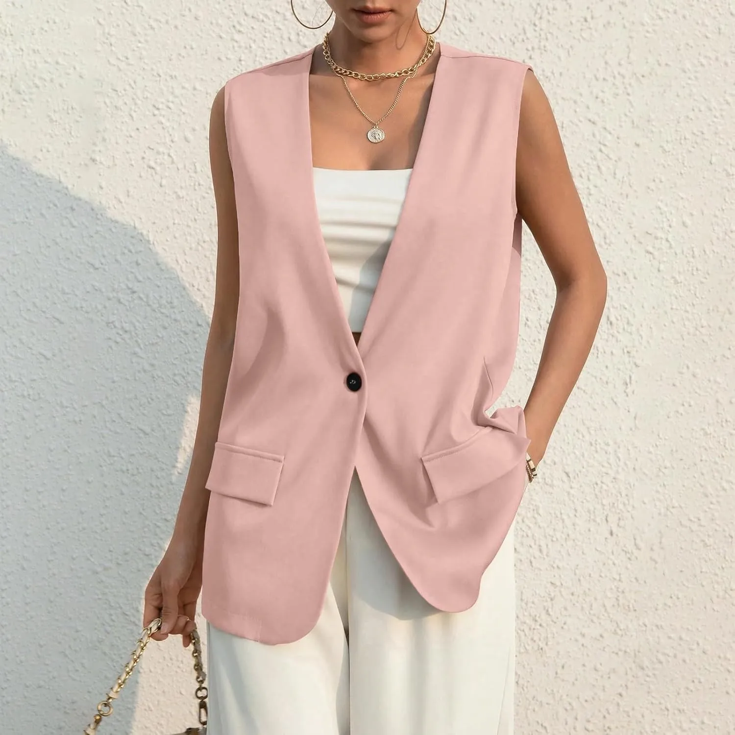 COTECRAM 2024 Vest Tops for Women Trendy Summer Sleeveless Blazer Jackets Button Casual Open Front Waistcoat Dressy Suit Vest