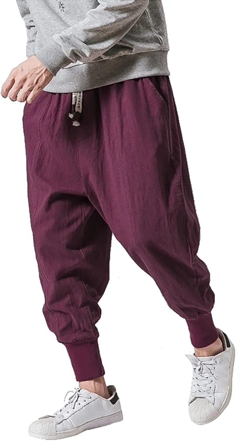 Cotton Linen Harem Pants for Men Elastic Waist Drawstring Drop Crotch Trousers Loose Fit Beach Yoga Pants with Pockets