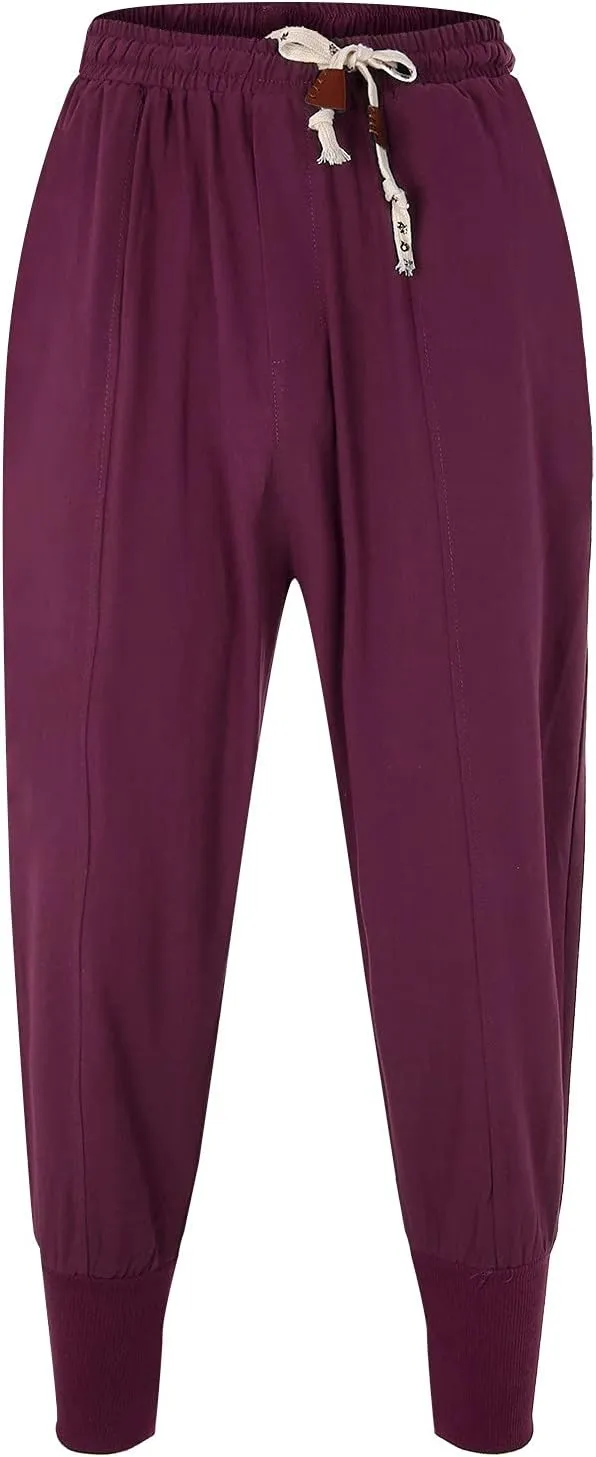Cotton Linen Harem Pants for Men Elastic Waist Drawstring Drop Crotch Trousers Loose Fit Beach Yoga Pants with Pockets