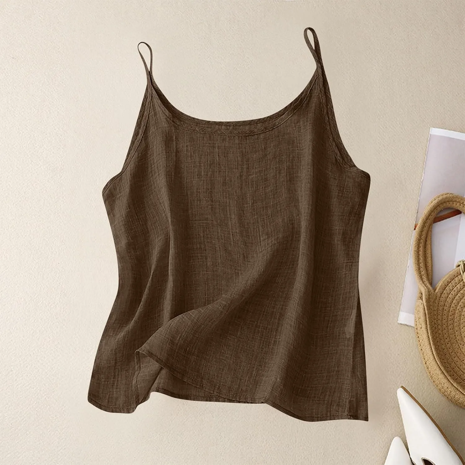 Cotton Linen Tank Top for Women Sleeveless Spaghetti Strap Camisole Summer Beach Vacation Tops Casual Travel Clothes