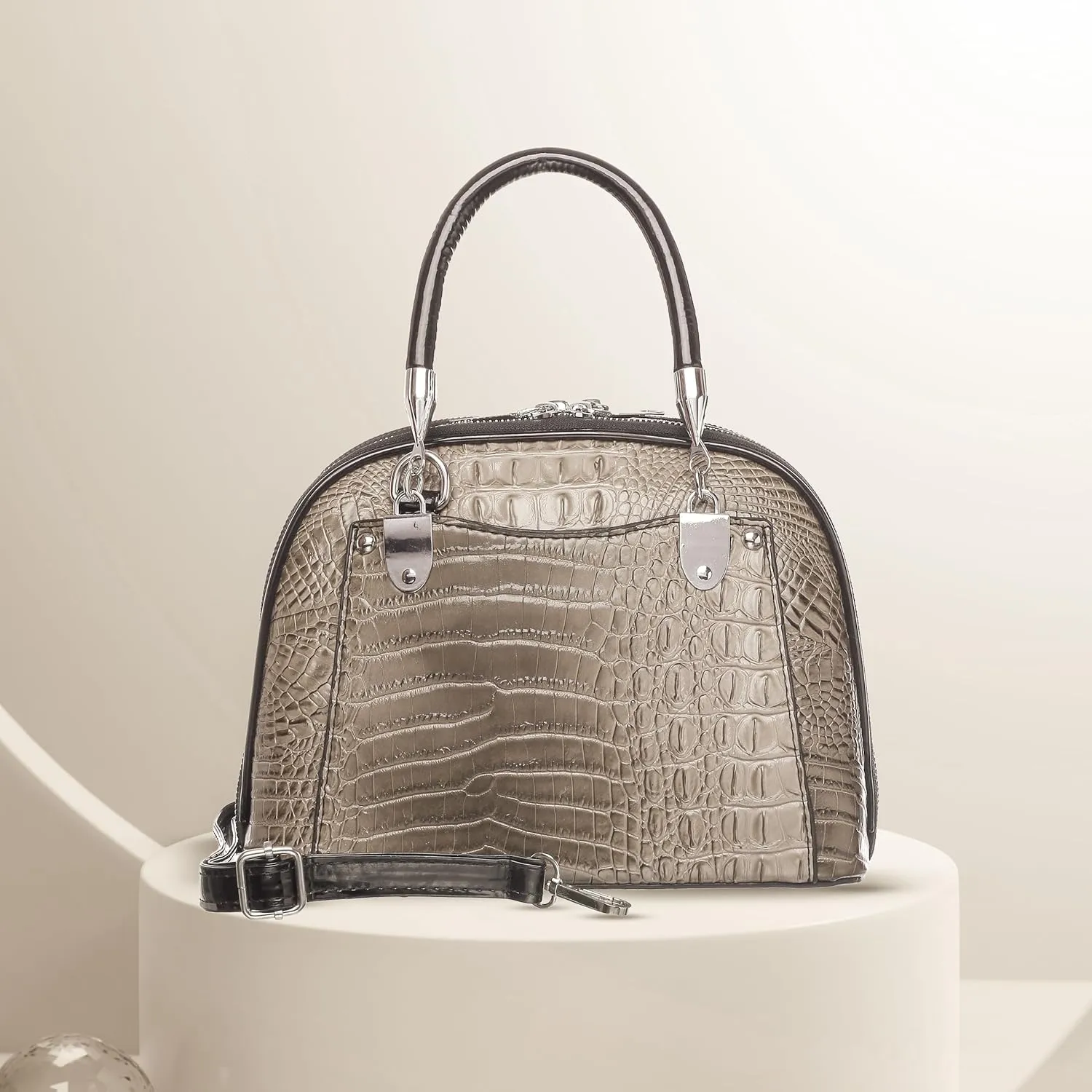 Crocodile Embossed Structured Handbag for Women  Elegant Top Handle Purse with Detachable Shoulder Strap