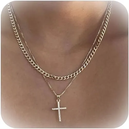 Cross Necklace for Women Men Baptism Gifts Dainty Gold Plated Cross Necklace Layered Gold Cross Necklace Cross Pendant Necklace Gold Paperclip Snake Chain Necklace Trendy Gold Jewelry Gifts