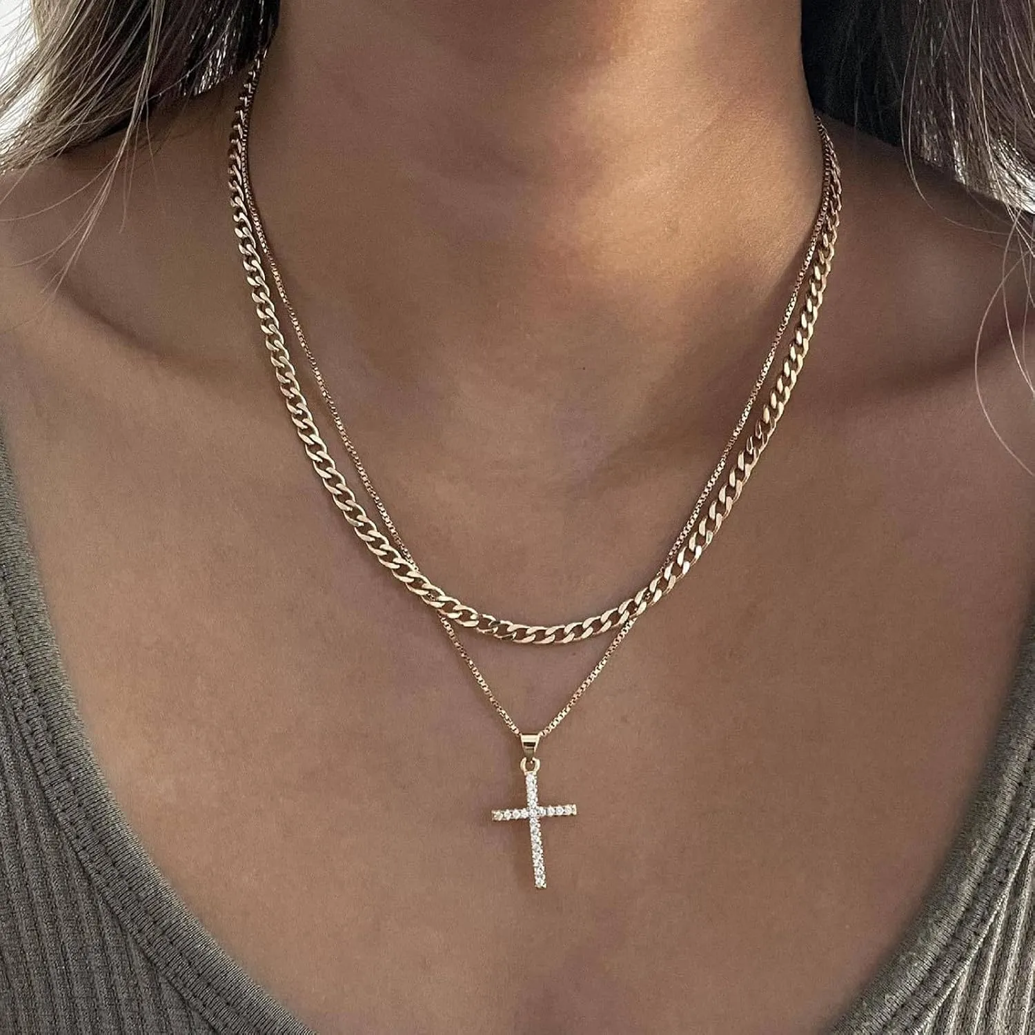 Cross Necklace for Women Men Baptism Gifts Dainty Gold Plated Cross Necklace Layered Gold Cross Necklace Cross Pendant Necklace Gold Paperclip Snake Chain Necklace Trendy Gold Jewelry Gifts