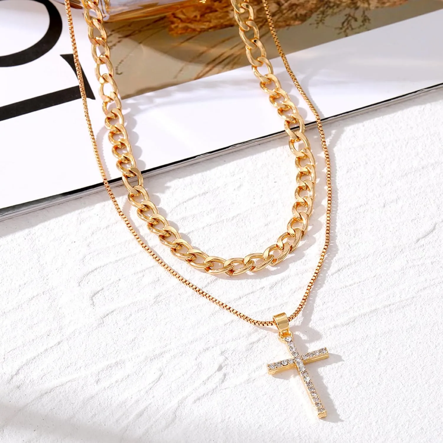 Cross Necklace for Women Men Baptism Gifts Dainty Gold Plated Cross Necklace Layered Gold Cross Necklace Cross Pendant Necklace Gold Paperclip Snake Chain Necklace Trendy Gold Jewelry Gifts