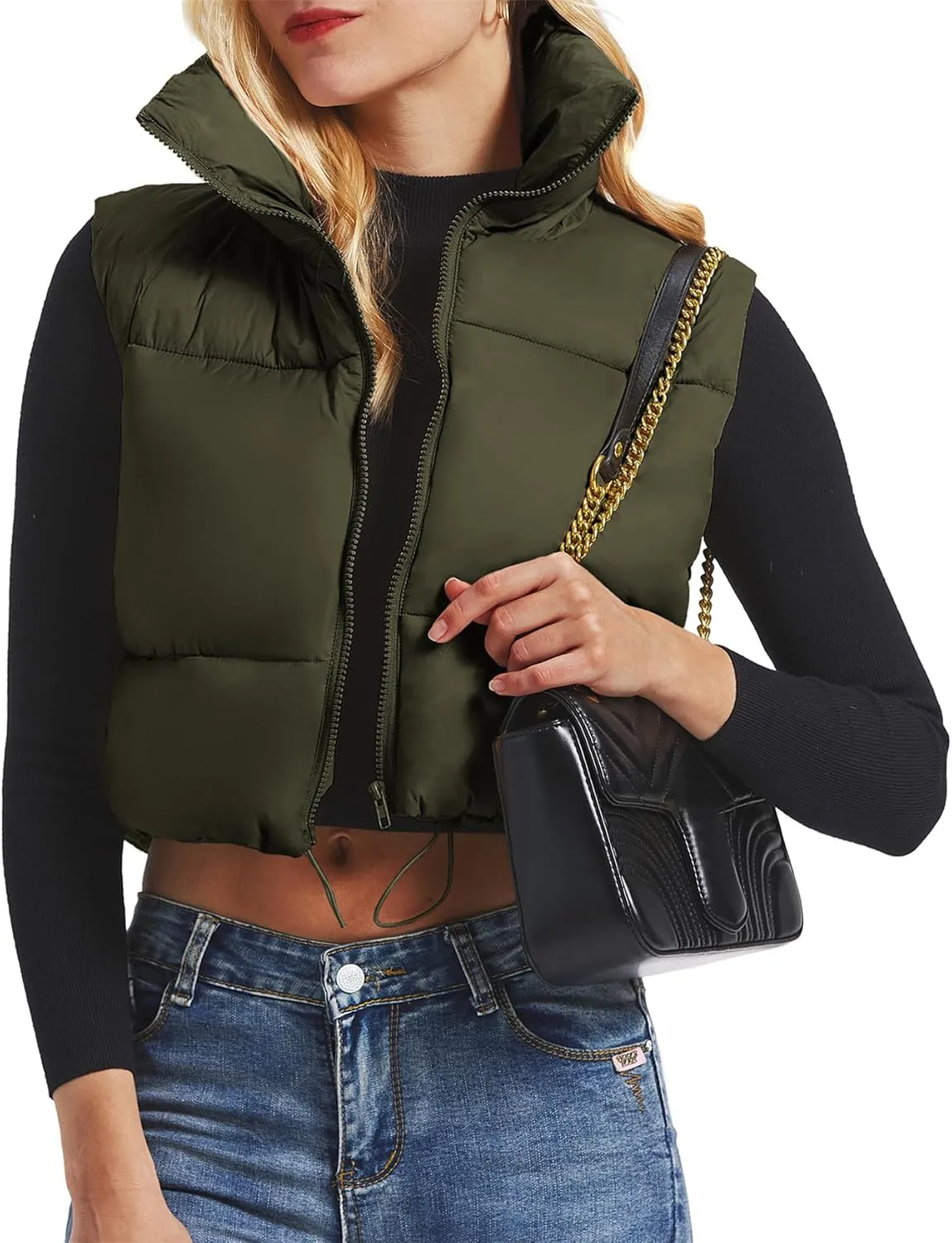 CULACCINO Women's Winter Cropped Puffer Vest Crop Jackets For Women Full Zip Stand Collar Padded Lightweight Outwear Vest