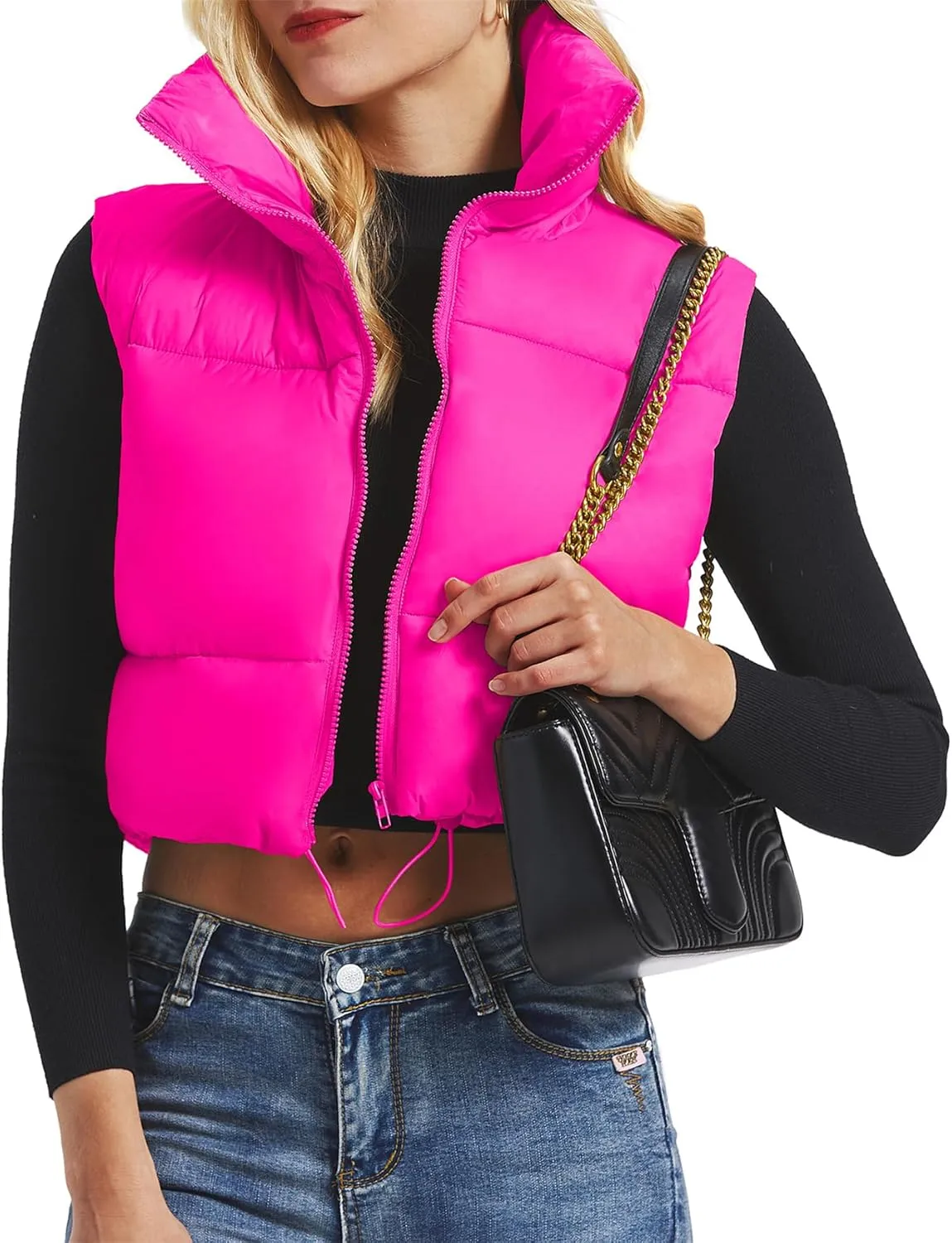 CULACCINO Women's Winter Cropped Puffer Vest Crop Jackets For Women Full Zip Stand Collar Padded Lightweight Outwear Vest