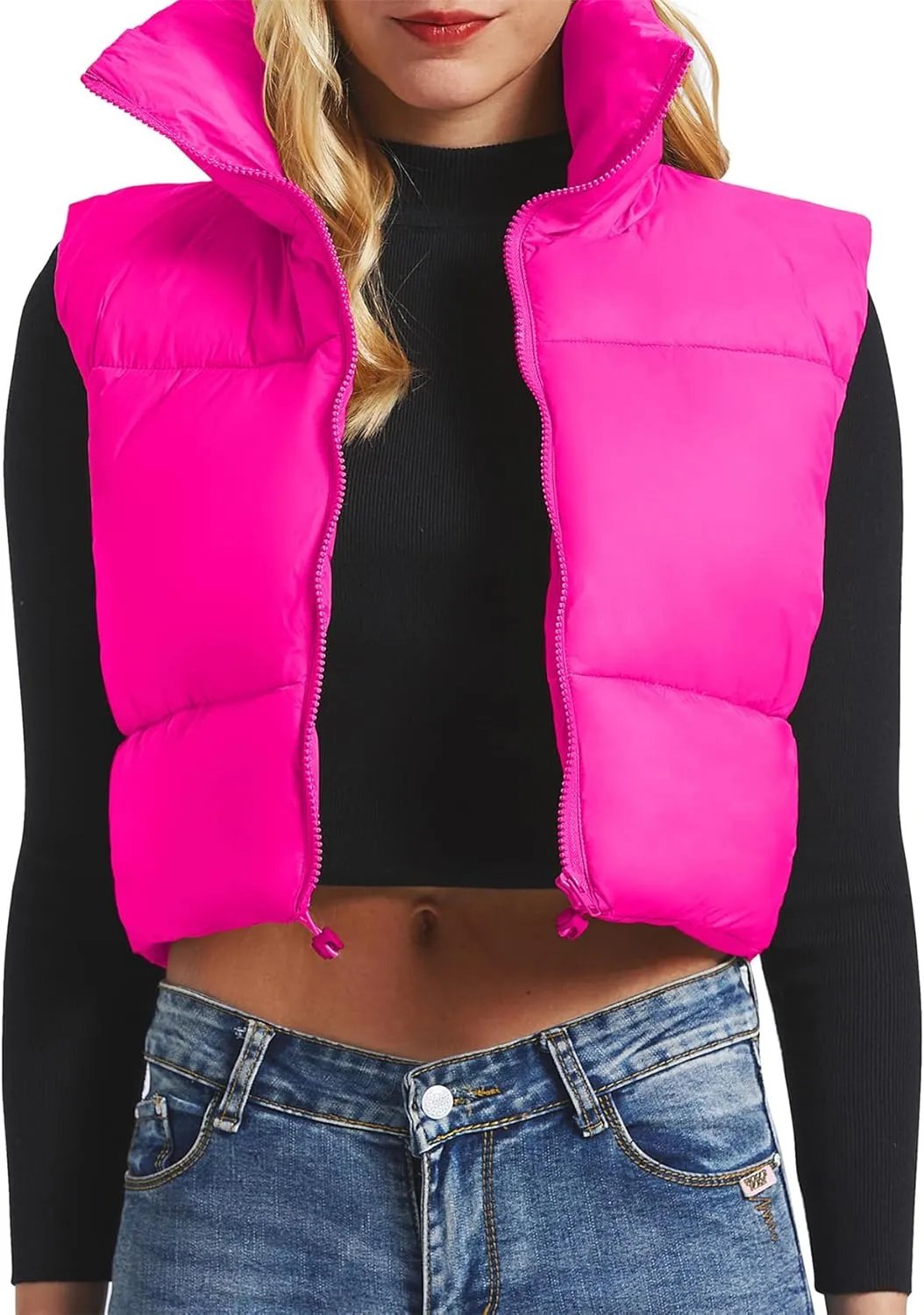 CULACCINO Women's Winter Cropped Puffer Vest Crop Jackets For Women Full Zip Stand Collar Padded Lightweight Outwear Vest