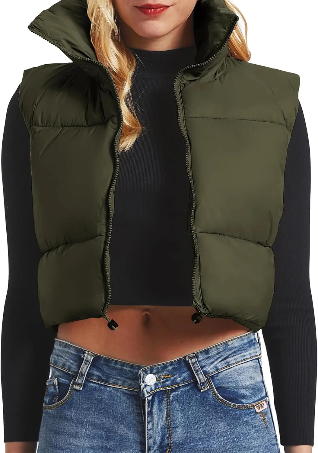 CULACCINO Women's Winter Cropped Puffer Vest Crop Jackets For Women Full Zip Stand Collar Padded Lightweight Outwear Vest
