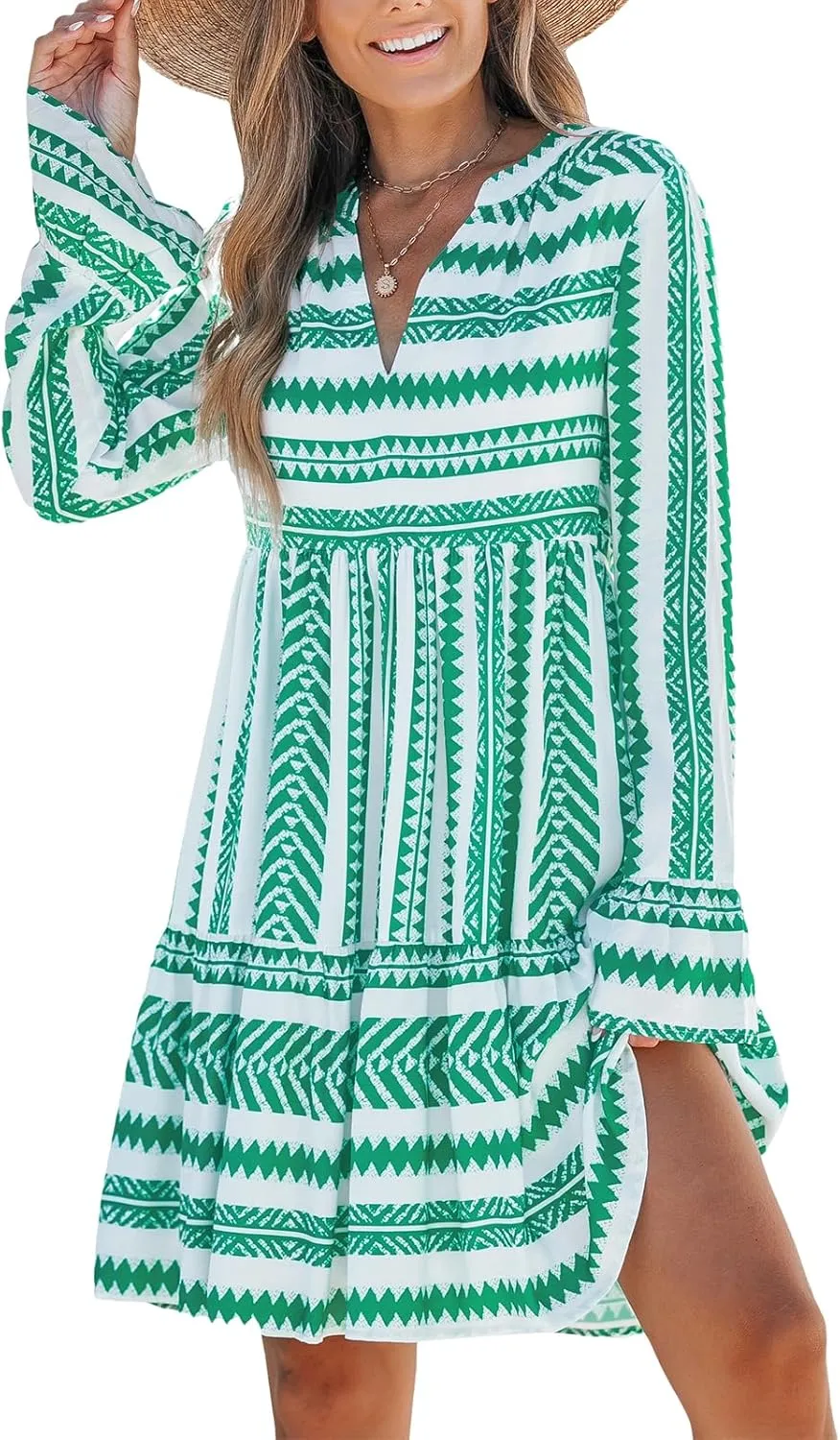 CUPSHE Women's Ruffle Mini Fall Dress Split V Neck Long Bell Sleeve Geometric Stripe Loose Casual Spring Autumn Dresses