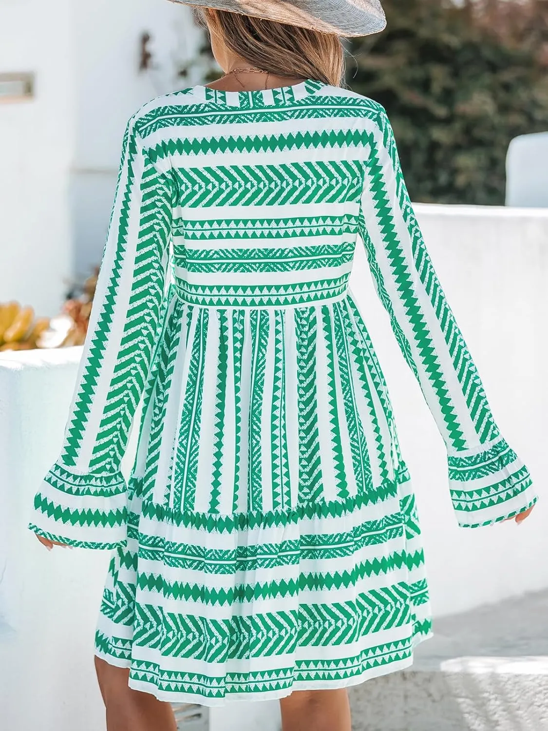 CUPSHE Women's Ruffle Mini Fall Dress Split V Neck Long Bell Sleeve Geometric Stripe Loose Casual Spring Autumn Dresses