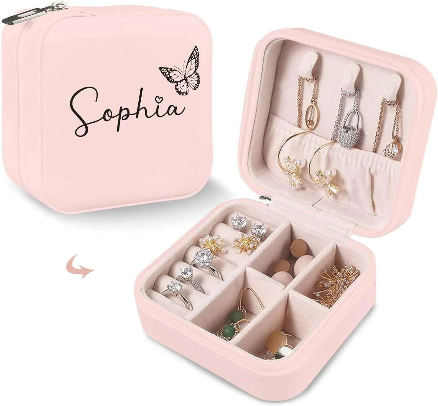 Custom Jewelry Boxes & Organizers for Women, Customize Name with Butterfly Travel Jewelry Case Personalized Jewelry Storage Box Earring Holder for Sister Bridesmaid Her Teenage Girl Gifts Idea