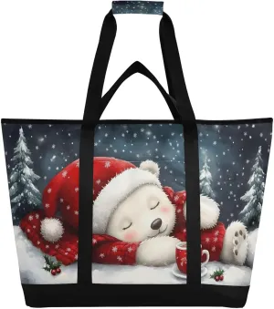 Cute Bear Winter Large Insulated Tote Bag for Grocery Shopping Reusable Tote Bags for Women Men, Cooler Bag with Zippered Top & Handles for Beach Picnic Travel