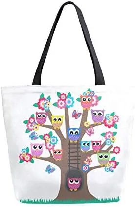 Cute Owls Floral Large Canvas Tote Bag Heavy Duty Grocery Bag, Tree Of Life Bird Women Casual Shoulder Bag Pocket Reusable Handbags for Travel Beach School Nursing Gift