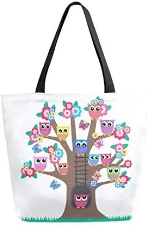 Cute Owls Floral Large Canvas Tote Bag Heavy Duty Grocery Bag, Tree Of Life Bird Women Casual Shoulder Bag Pocket Reusable Handbags for Travel Beach School Nursing Gift