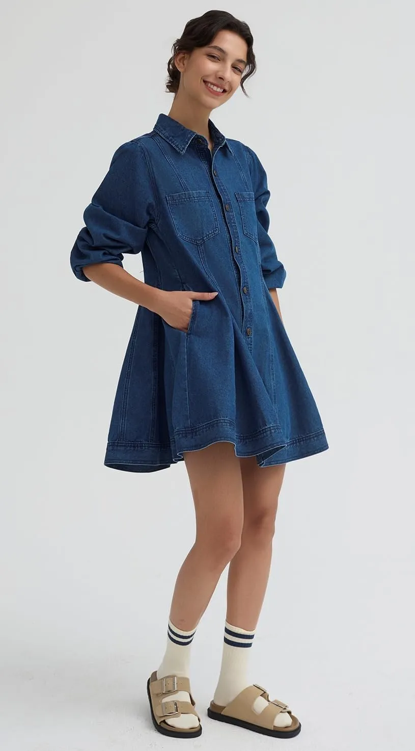 D-Sun Women's Denim Dress Puff Long Sleeve Button Down Casual Babydoll Jean Shirt Mini Dress Trendy 2025