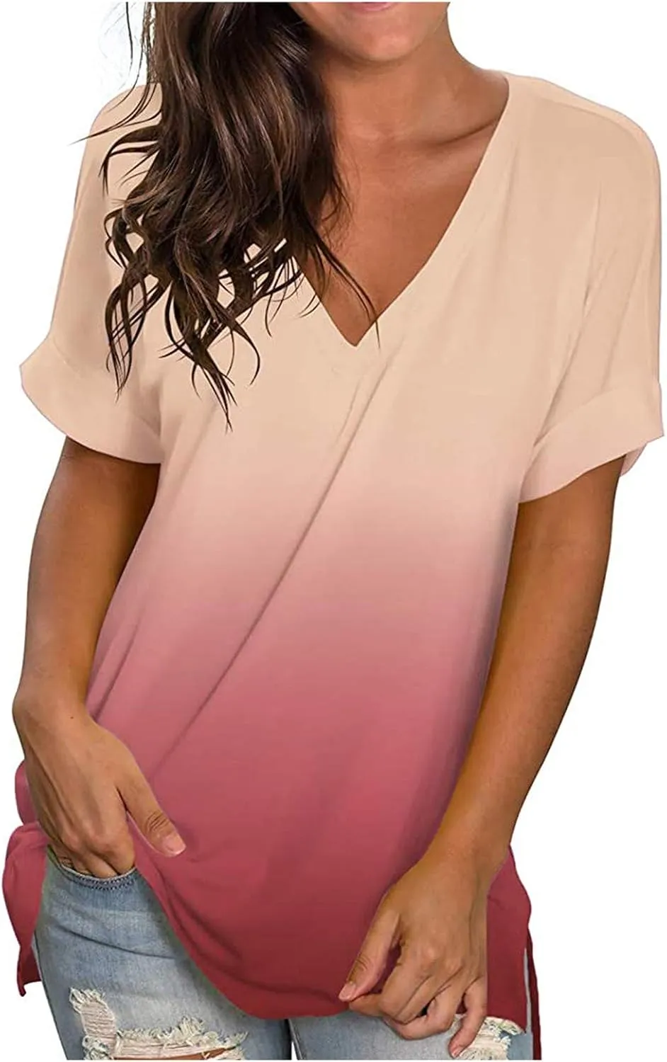 DASAYO Women's Gradient T Shirts Loose Fit V-Neck Summer Comfy Tops Tee Trendy Vacation Going Out Fashion Tees Shirt Clothes