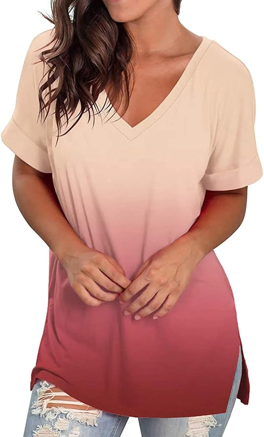 DASAYO Women's Gradient T Shirts Loose Fit V-Neck Summer Comfy Tops Tee Trendy Vacation Going Out Fashion Tees Shirt Clothes