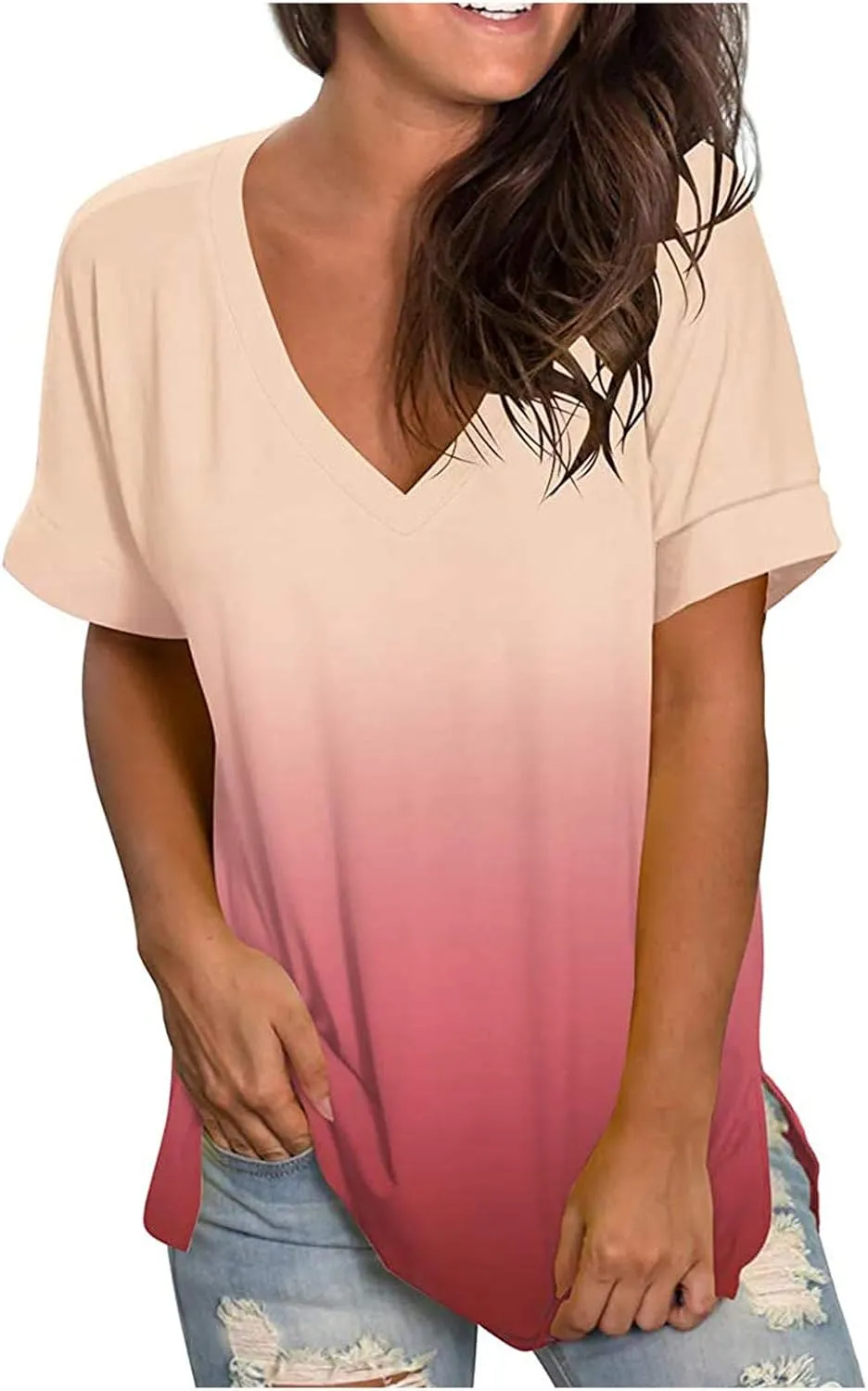 DASAYO Women's Gradient T Shirts Loose Fit V-Neck Summer Comfy Tops Tee Trendy Vacation Going Out Fashion Tees Shirt Clothes