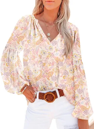 Dokotoo Women's Casual Boho Floral Print V Neck Long Sleeve T Shirt Blouses