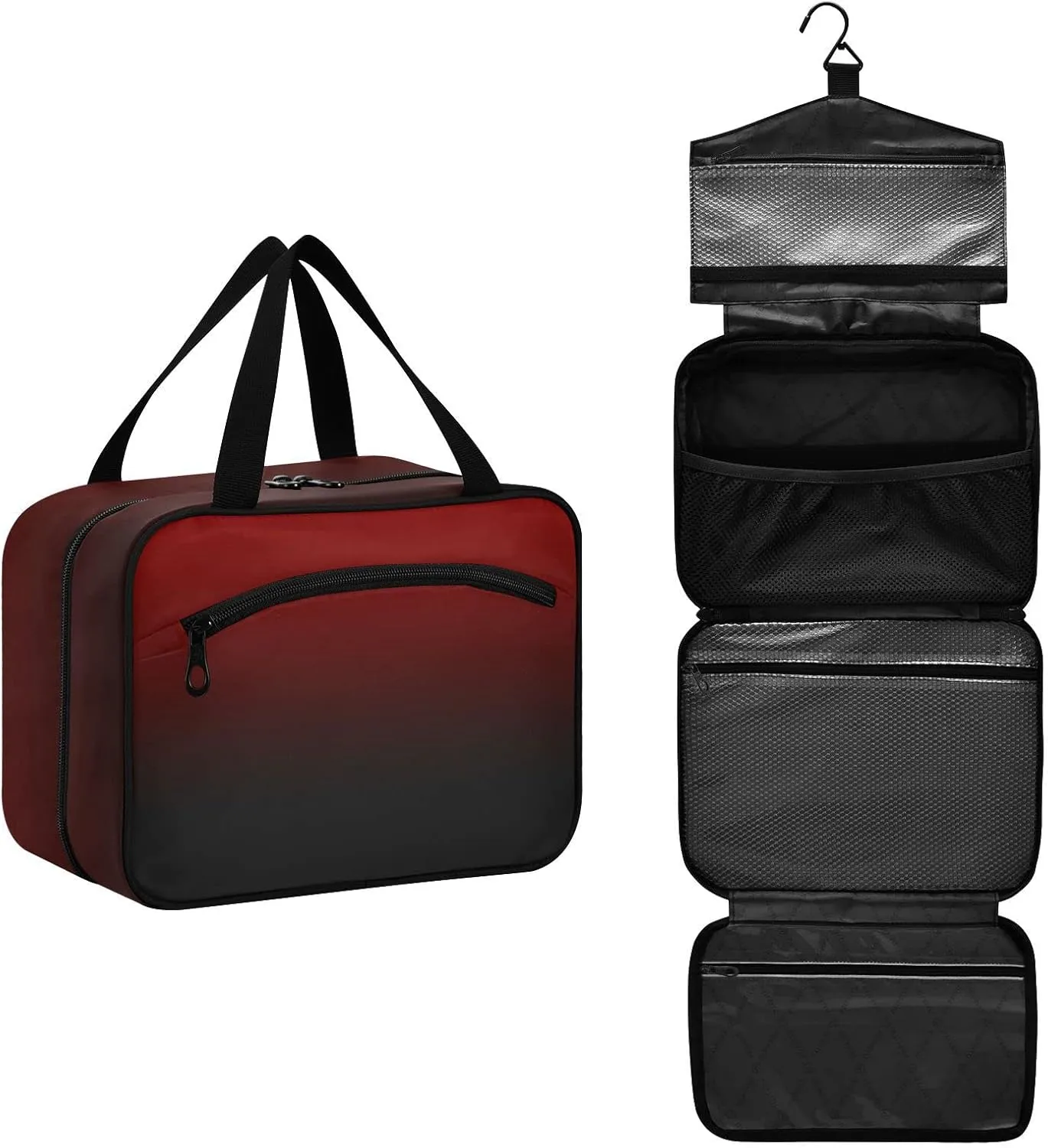 DOMIKING Black Red Gradient Hanging Toiletry Bag Portable Cosmetic Bags Travel Makeup Organizers Holders for Men Women Brushes Accessories Shampoo Medium