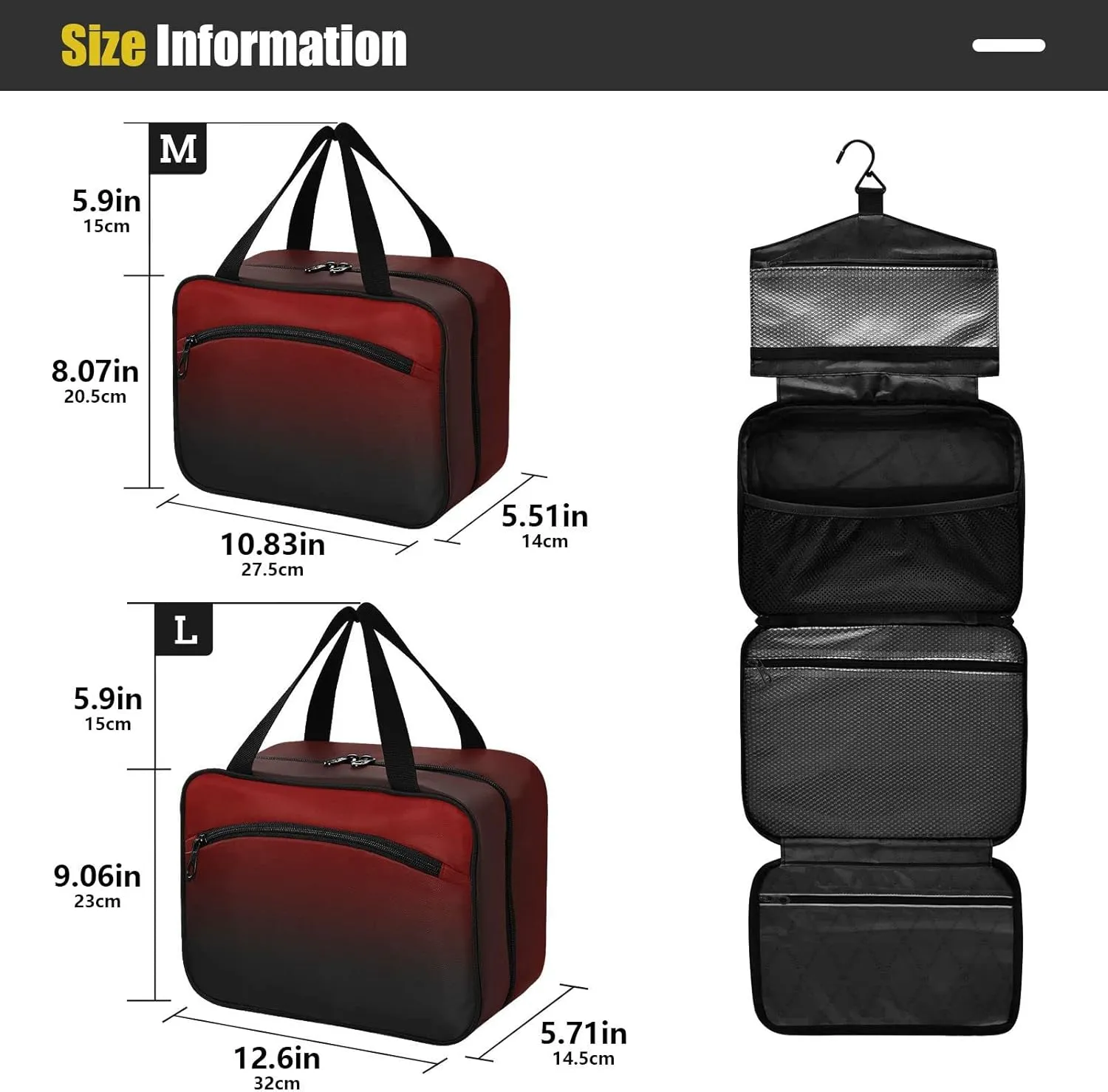 DOMIKING Black Red Gradient Hanging Toiletry Bag Portable Cosmetic Bags Travel Makeup Organizers Holders for Men Women Brushes Accessories Shampoo Medium