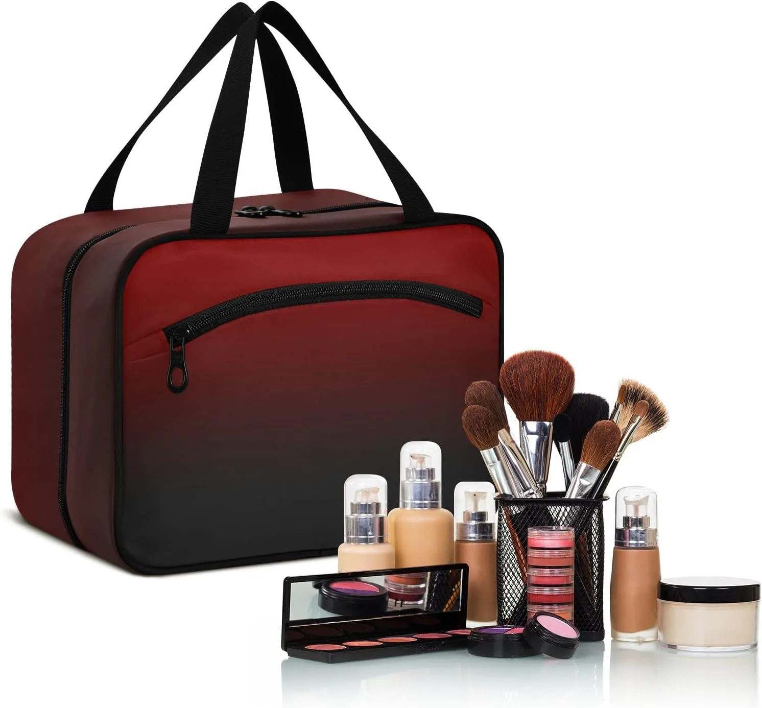 DOMIKING Black Red Gradient Hanging Toiletry Bag Portable Cosmetic Bags Travel Makeup Organizers Holders for Men Women Brushes Accessories Shampoo Medium