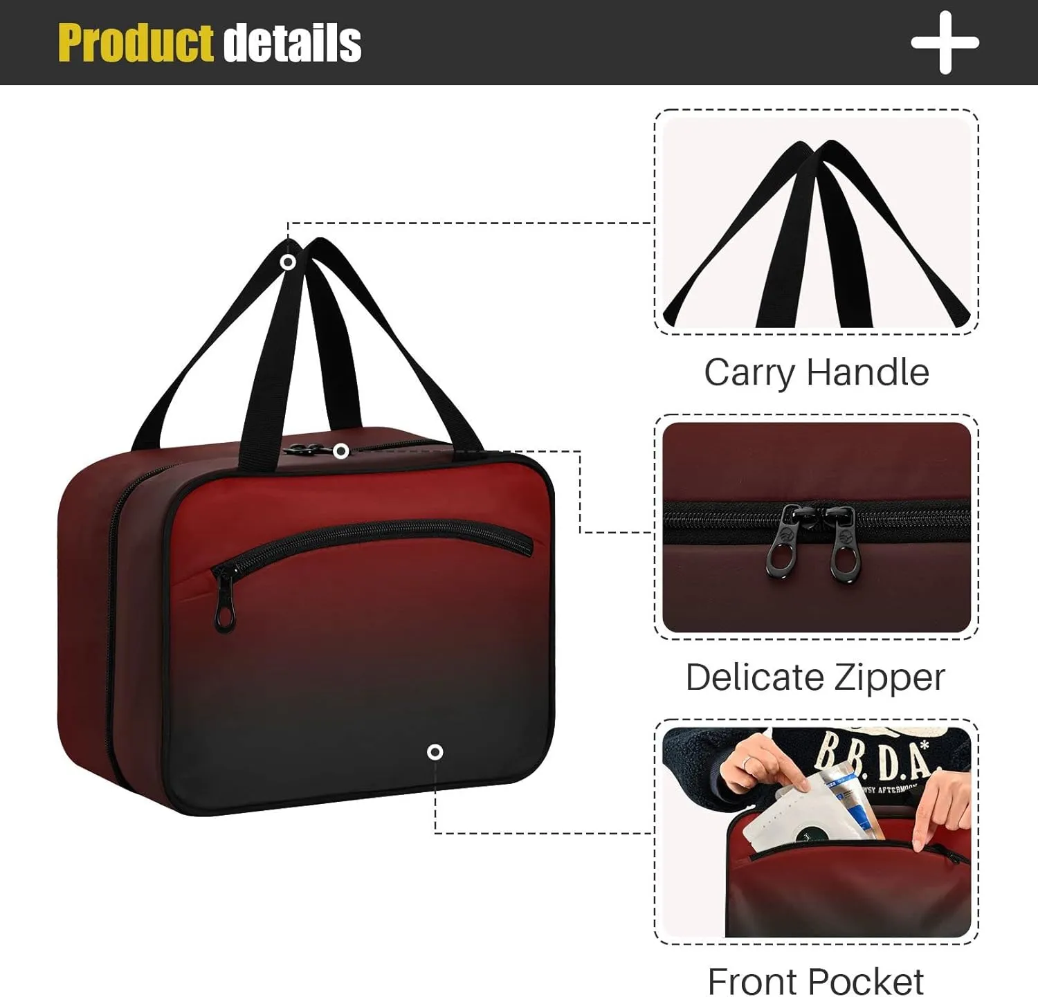 DOMIKING Black Red Gradient Hanging Toiletry Bag Portable Cosmetic Bags Travel Makeup Organizers Holders for Men Women Brushes Accessories Shampoo Medium