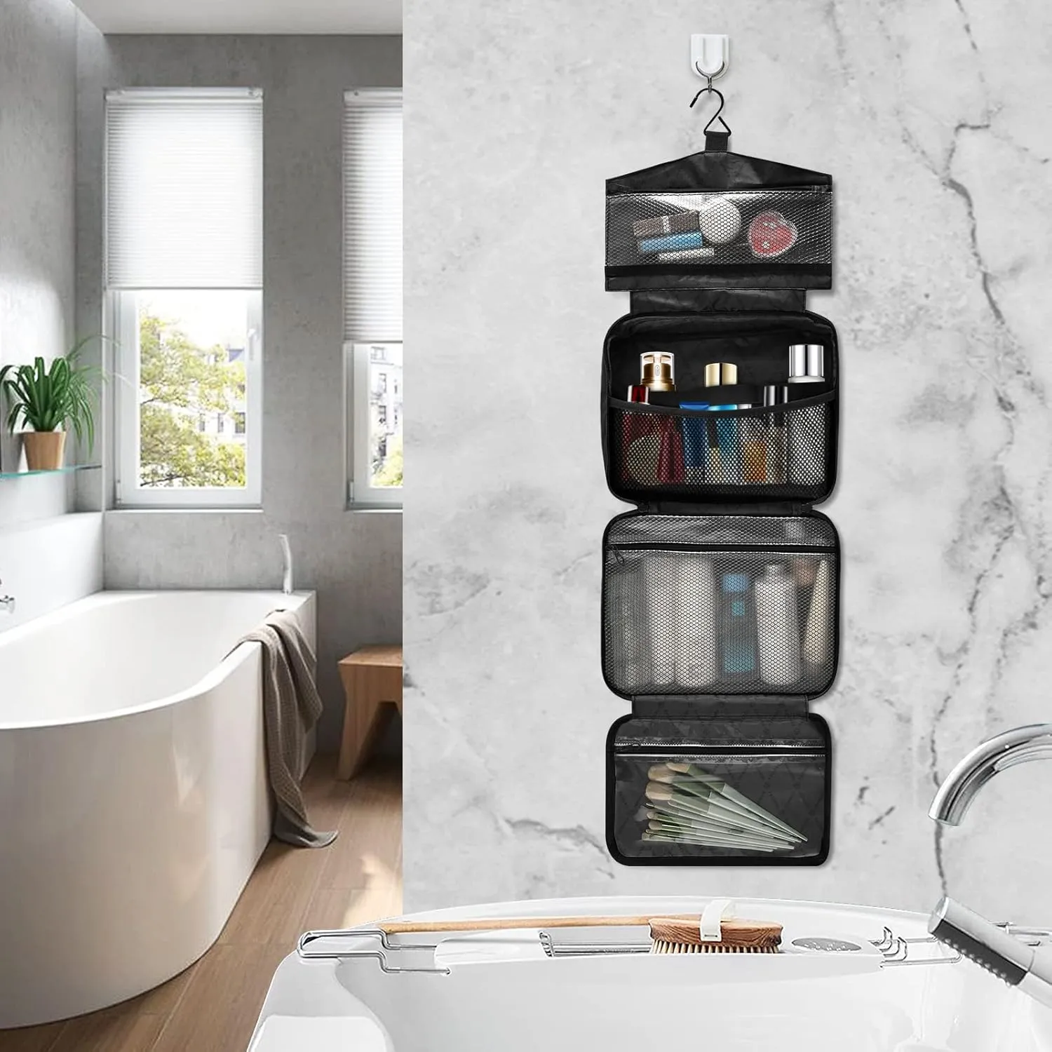 DOMIKING Black Red Gradient Hanging Toiletry Bag Portable Cosmetic Bags Travel Makeup Organizers Holders for Men Women Brushes Accessories Shampoo Medium