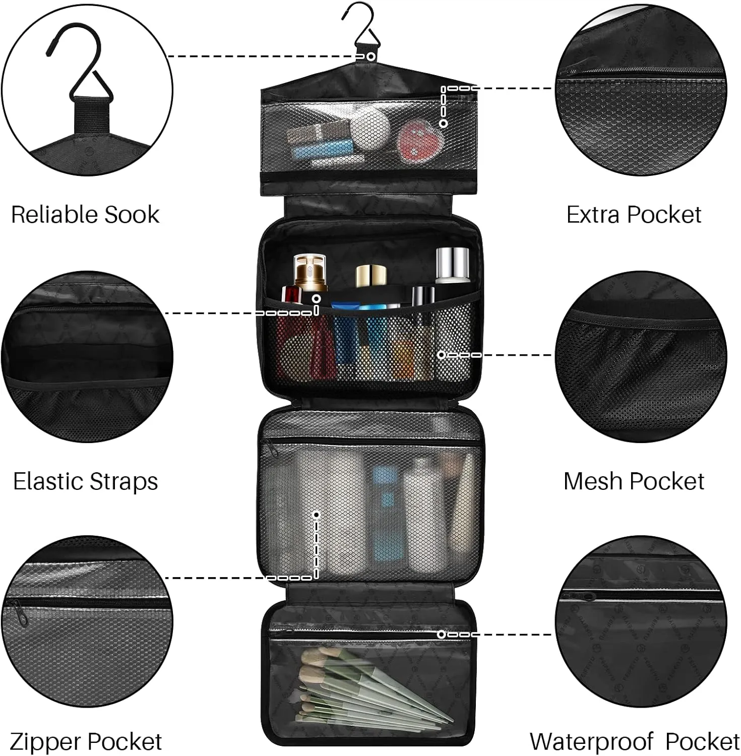DOMIKING Black Red Gradient Hanging Toiletry Bag Portable Cosmetic Bags Travel Makeup Organizers Holders for Men Women Brushes Accessories Shampoo Medium