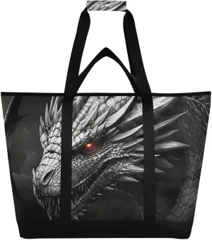 Dragon Portrait Scary Large Insulated Tote Bag for Grocery Shopping Reusable Tote Bags for Women Men, Cooler Bag with Zippered Top & Handles for Beach Picnic Travel