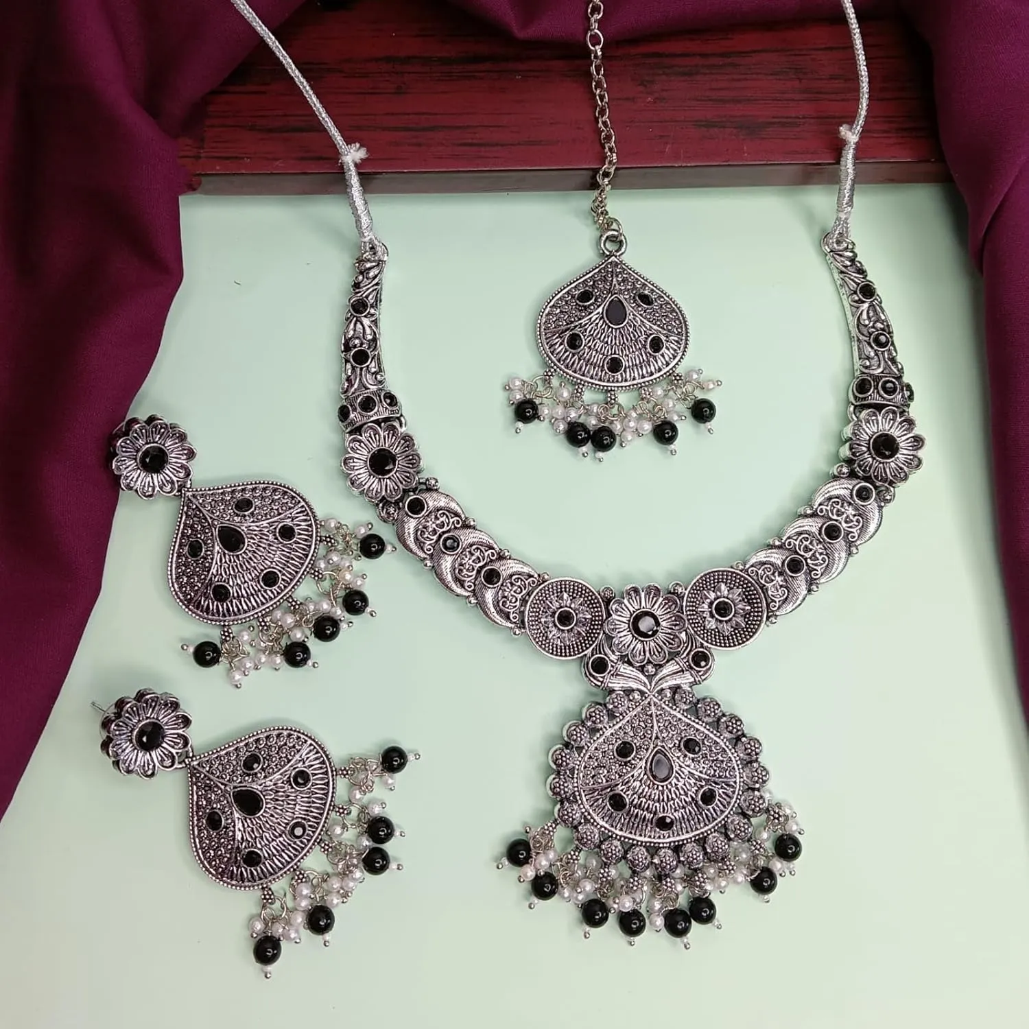 Efulgenz Indian Oxidized Jewelry for Navratri Choker Necklace Indian Oxidized Jewelry Set for Women Bohemian Faux Pearl Crystal Stone Necklace Earrings Maangtikka Set Wedding Bridal Fashion Jewelry